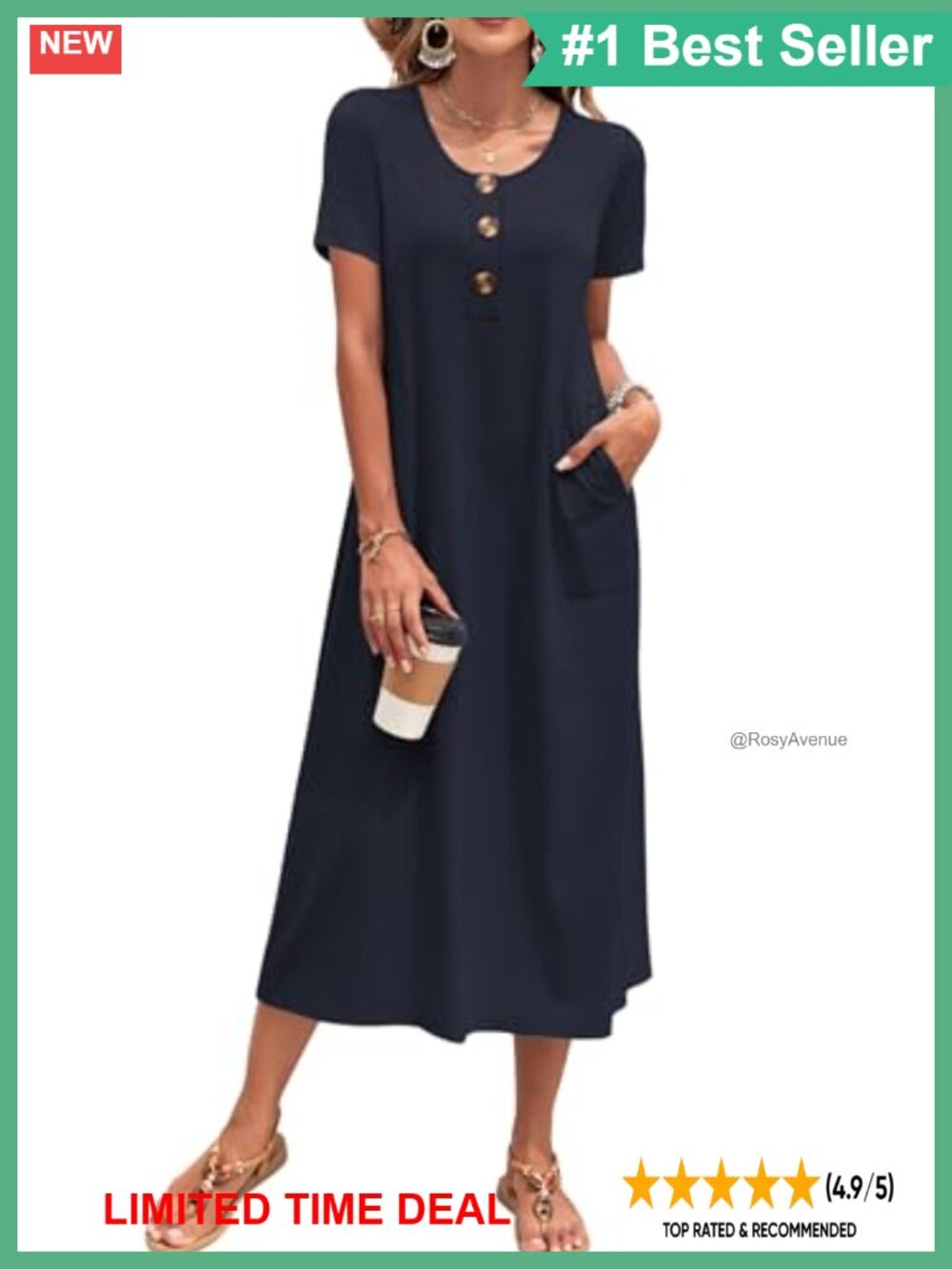 Women's Summer Midi Dress Short Sleeve Casual Loose Sundress with Pockets